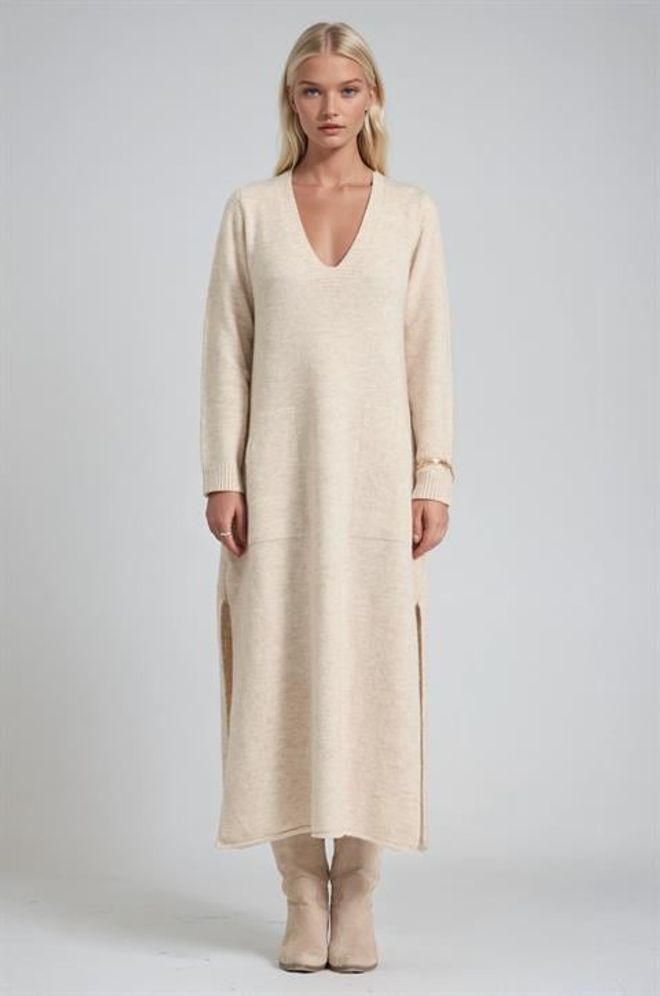Sobe Istanbul Бежевое Платье свитер С V образным Вырезом И Длинными Рукавами Оптовая продажа одежды Скромный