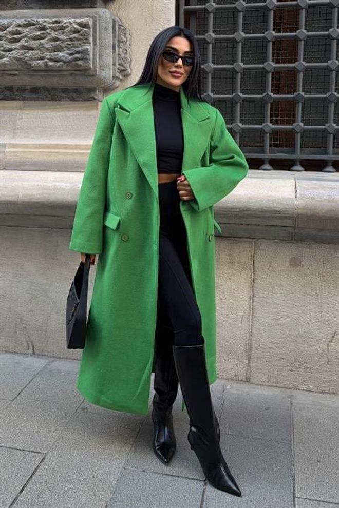 Sobe Istanbul Groene Elegante Enkelrijige Jas Groothandel Kleding Casual