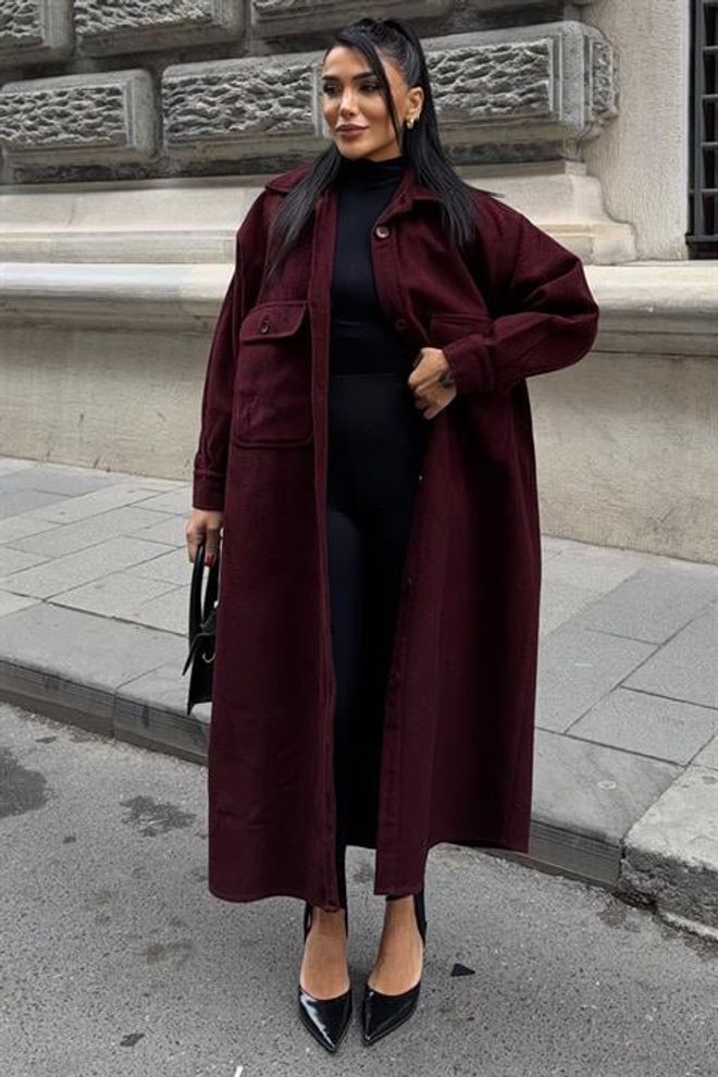 Sobe Istanbul Bordo Rdeč Enoprsni Oversized Plašč Z Gumbi Oblačila na debelo Skromno