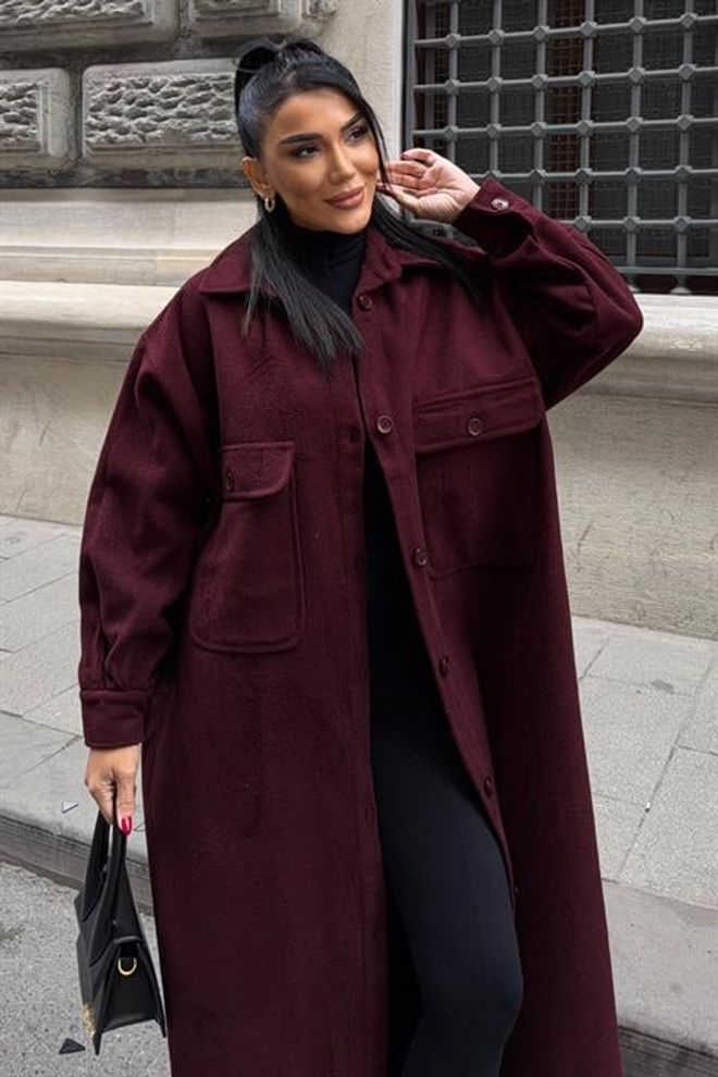 Sobe Istanbul Bordo Tek Düğmeli Oversized Kaban Toptan Giyim Gündelik