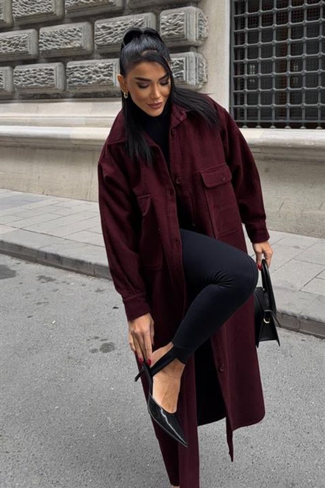 Sobe Istanbul Bordo Tek Düğmeli Oversized Kaban Toptan Giyim 5