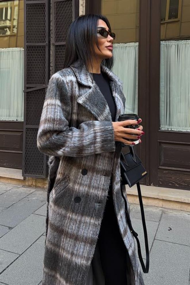 Sobe Istanbul Grey Elegant Double Breasted Checkered Coat Wholesale Clothing Fall