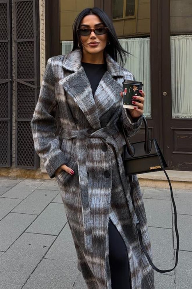 Sobe Istanbul Grey Elegant Double Breasted Checkered Coat Wholesale Clothing Vintage