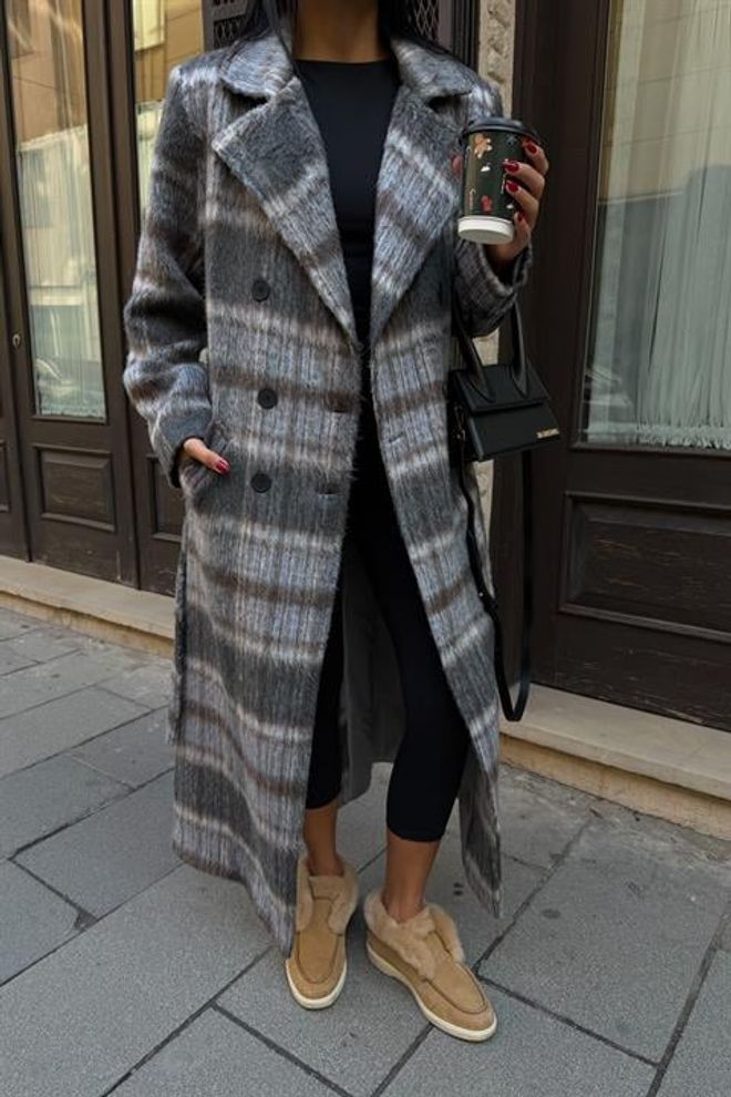 Sobe Istanbul Grey Elegant Double Breasted Checkered Coat Wholesale Clothing 5