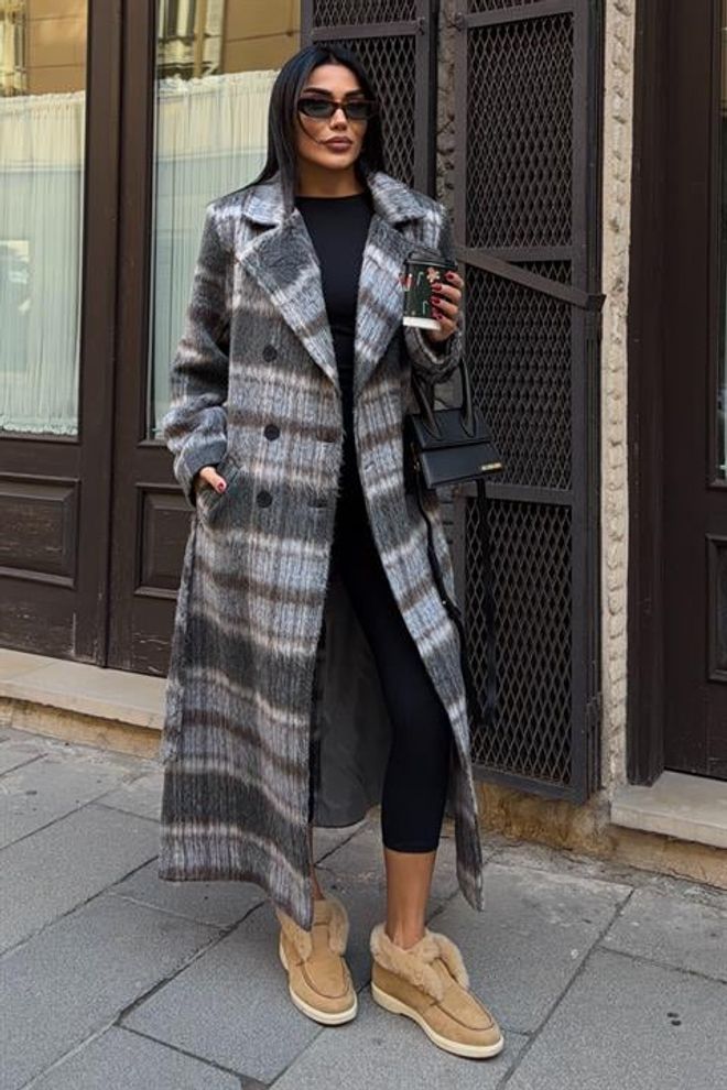 Sobe Istanbul Grey Elegant Double Breasted Checkered Coat Wholesale Clothing 1