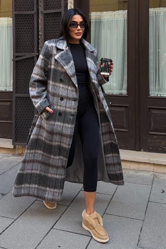 Sobe Istanbul Grey Elegant Double Breasted Checkered Coat Wholesale Clothing Lounge