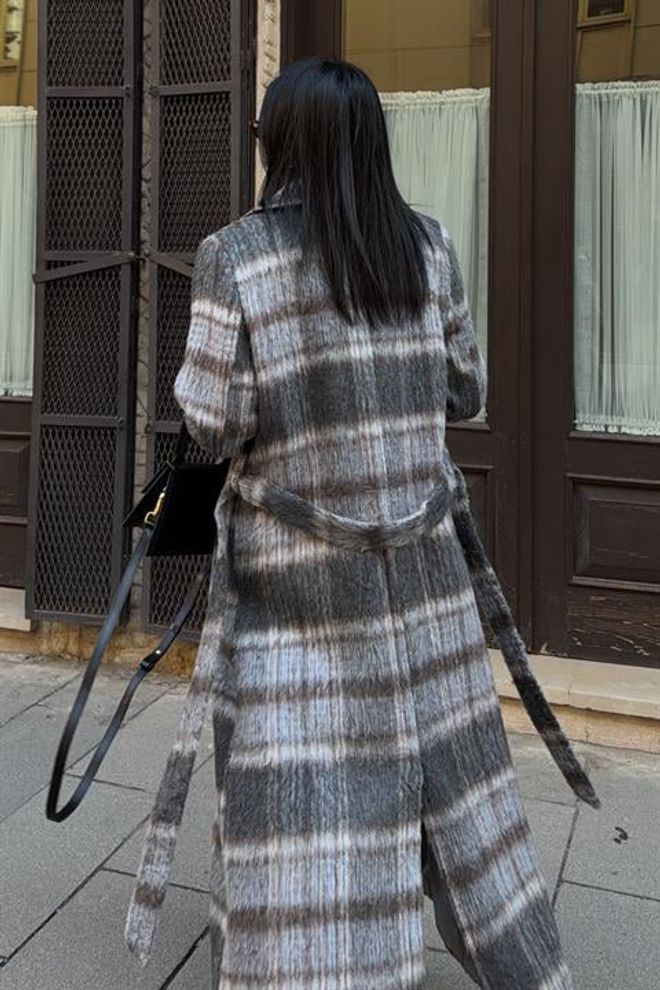 Sobe Istanbul Grey Elegant Double Breasted Checkered Coat Wholesale Clothing Work