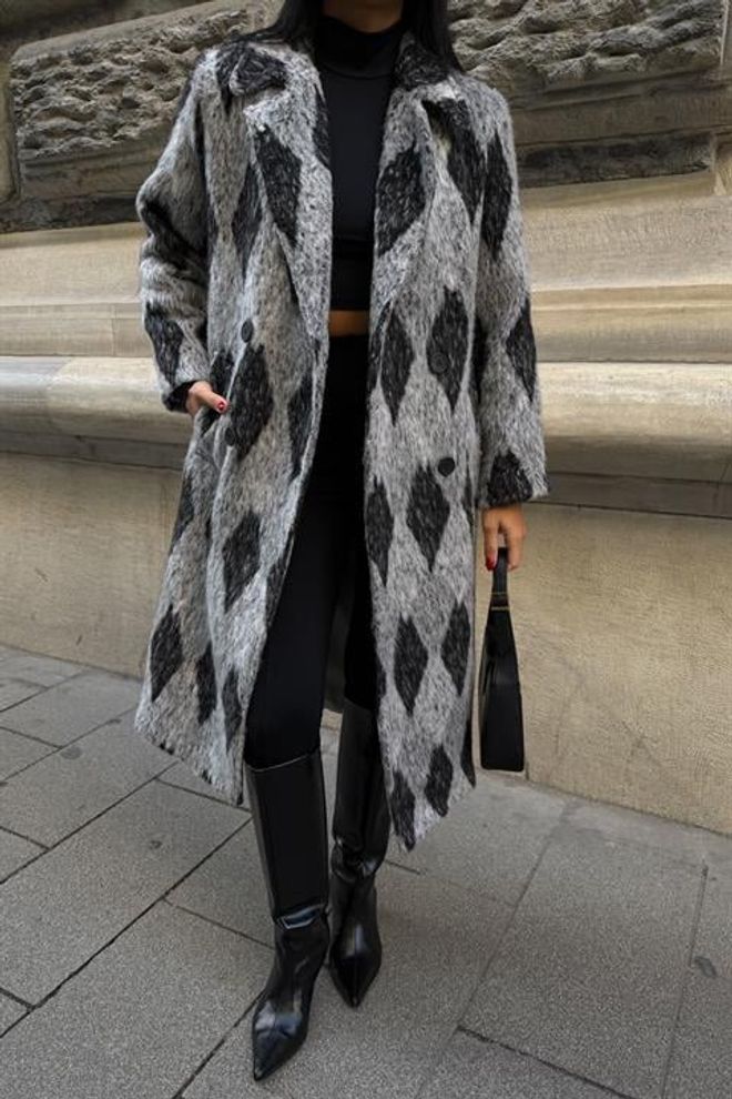 Sobe Istanbul Black Elegant Checkered Long Single Breasted Coat Wholesale Clothing Cocktail