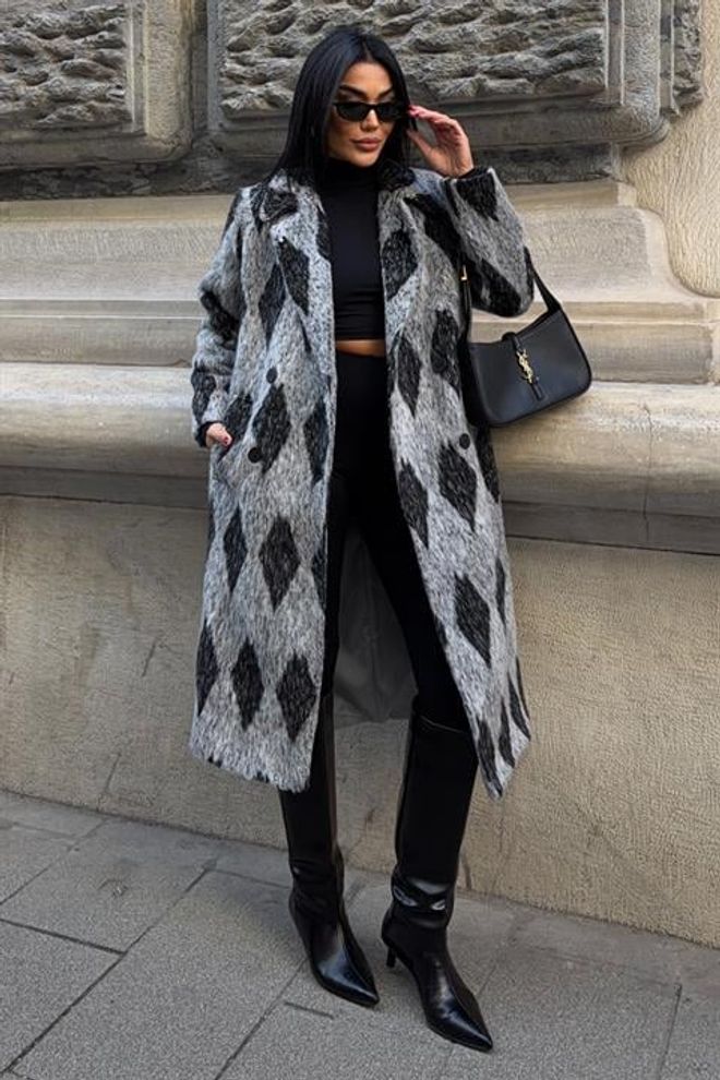 Sobe Istanbul Black Elegant Checkered Long Single Breasted Coat Wholesale Clothing 1