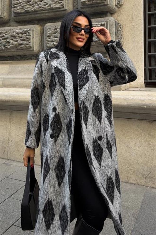 Sobe Istanbul Black Elegant Checkered Long Single Breasted Coat Wholesale Clothing Work