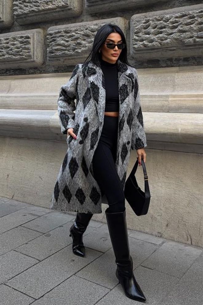 Sobe Istanbul Black Elegant Checkered Long Single Breasted Coat Wholesale Clothing Fall