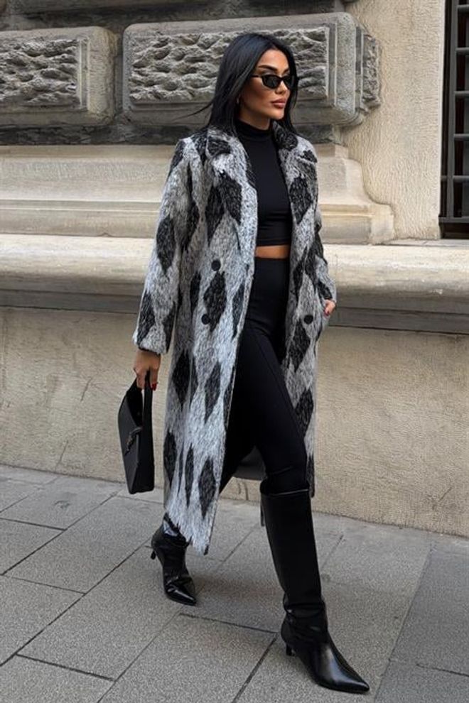 Sobe Istanbul Black Elegant Checkered Long Single Breasted Coat Wholesale Clothing Vintage