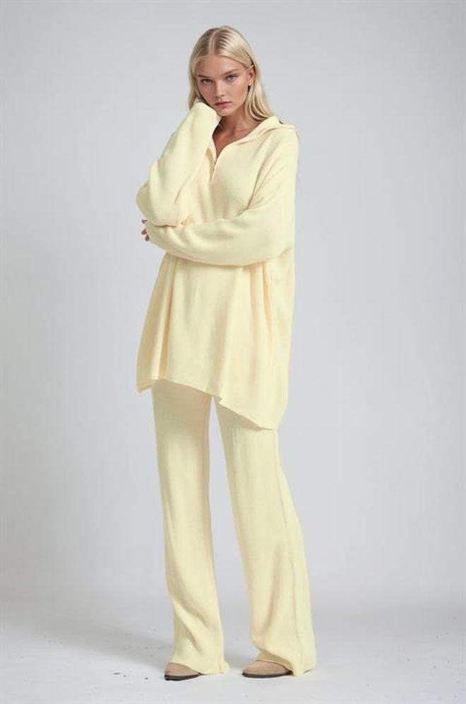 Sobe Istanbul Sarı Gündelik Spor Seti Kapüşonlu Yaka Ve Palazzo Pantolonlu Toptan Giyim 1