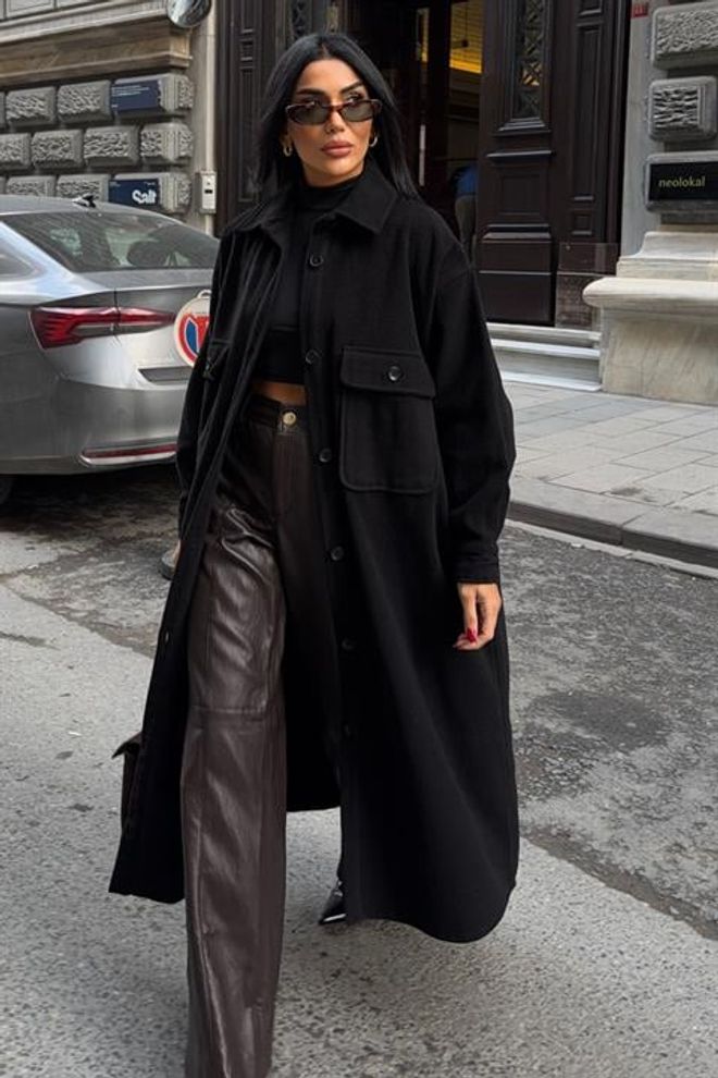 Sobe Istanbul Siyah Tek Düğmeli Shacket Kaban Toptan Giyim Bahar