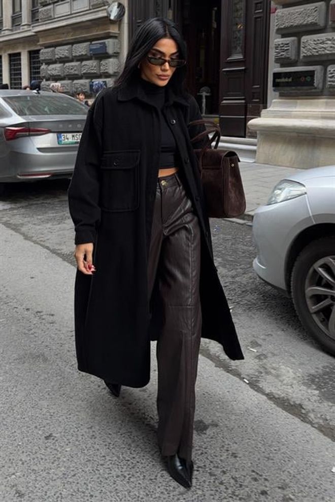 Sobe Istanbul Siyah Tek Düğmeli Shacket Kaban Toptan Giyim Ev Hali