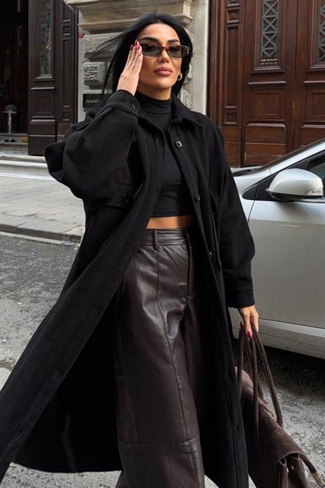 Sobe Istanbul Siyah Tek Düğmeli Shacket Kaban Toptan Giyim Resmi