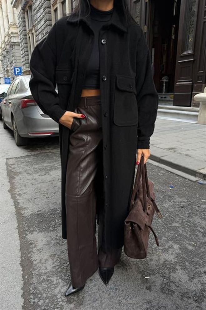 Sobe Istanbul Siyah Tek Düğmeli Shacket Kaban Toptan Giyim 5