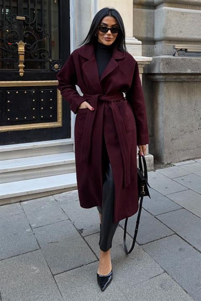 Sobe Istanbul Płaszcz Bordowy Owijany Z Zapięciem Na Krawat Hurtowa sprzedaż odzieży Casual