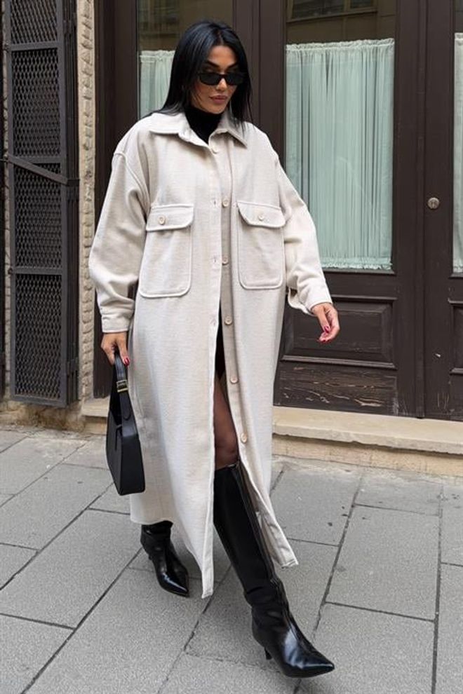 Sobe Istanbul Бежевое Фроттерное Пальто С Острым Воротником И Оверсайз Оптовая продажа одежды Повседневный