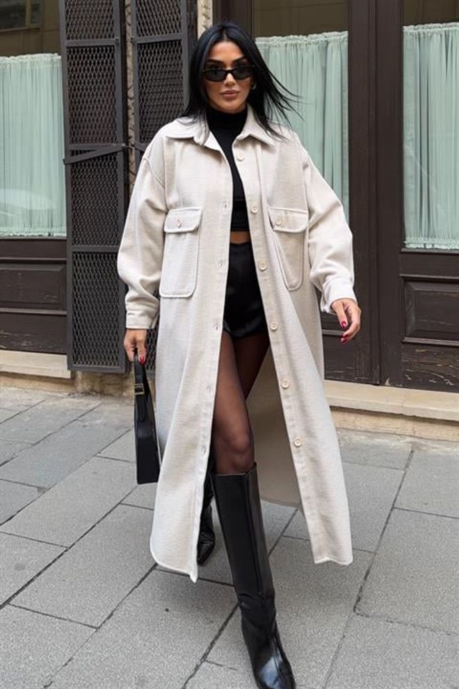 Sobe Istanbul Bej Oversize Shacket Kaban Düğmeli Ve Klasik Yaka Toptan Giyim 1