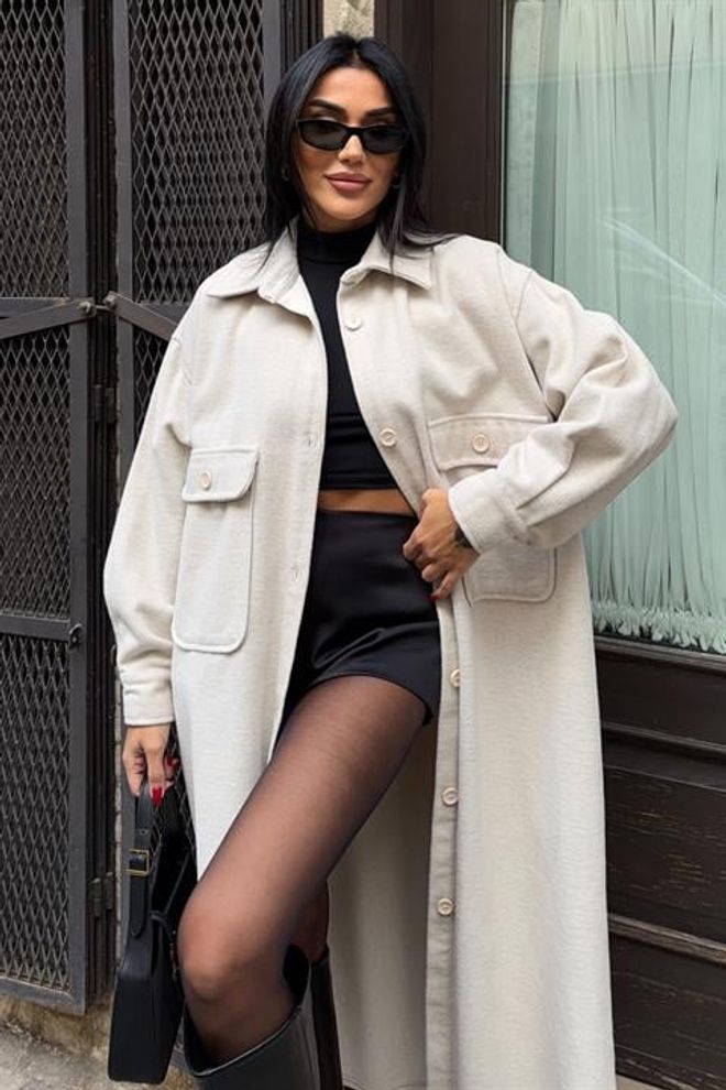 Sobe Istanbul Bej Oversize Shacket Kaban Düğmeli Ve Klasik Yaka Toptan Giyim Bahar