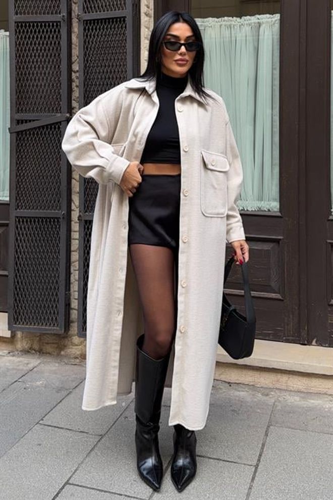 Sobe Istanbul Bej Oversize Shacket Kaban Düğmeli Ve Klasik Yaka Toptan Giyim Ev Hali