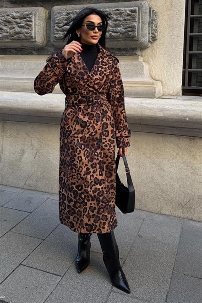 Sobe Istanbul Коричневый Тренчкот С Леопардовым Принтом И Застёжкой На Пуговицы Оптовая продажа одежды Повседневный