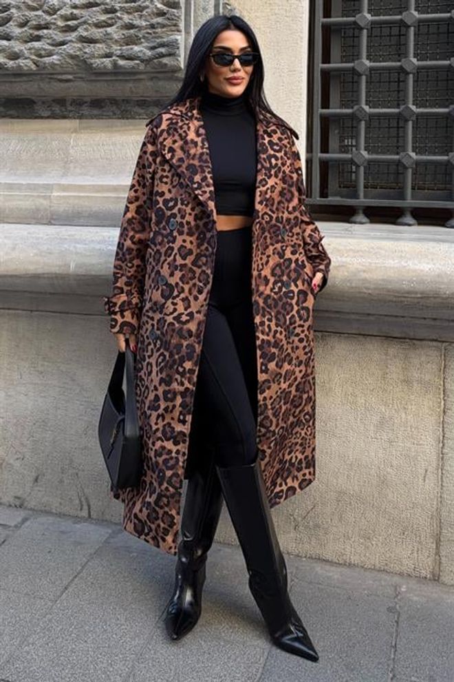 Sobe Istanbul Brown Trenchcoat With Leopard Print And Button Closure Wholesale Clothing Spring
