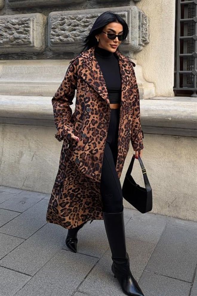 Sobe Istanbul Brown Trenchcoat With Leopard Print And Button Closure Wholesale Clothing 1