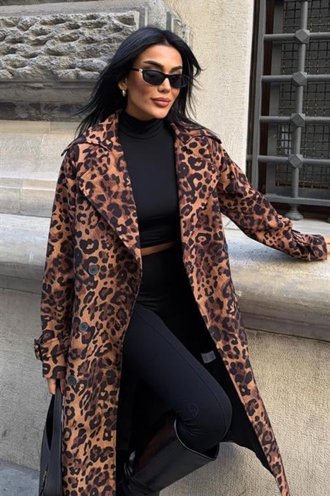 Sobe Istanbul Brown Trenchcoat With Leopard Print And Button Closure Wholesale Clothing Work