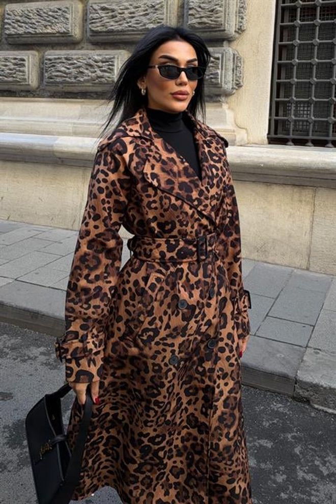 Sobe Istanbul Brown Trenchcoat With Leopard Print And Button Closure Wholesale Clothing Sexy