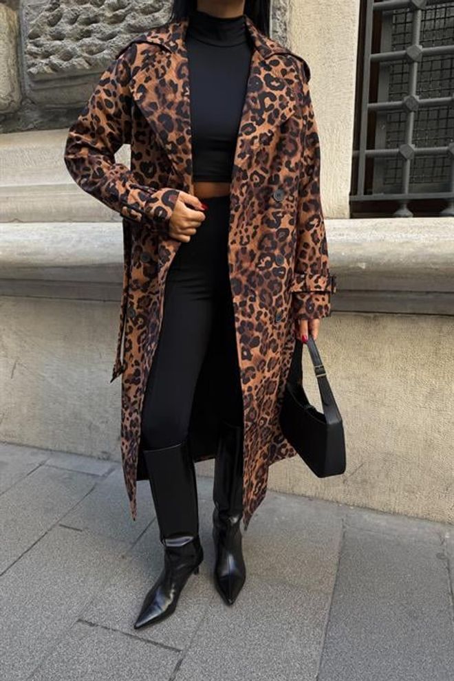 Sobe Istanbul Brown Trenchcoat With Leopard Print And Button Closure Wholesale Clothing Cocktail