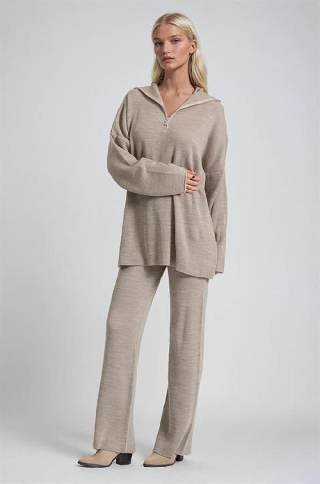 Sobe Istanbul Bej Set Gündelik Zarif Palazzo Fermuarlı Toptan Giyim Ev Hali