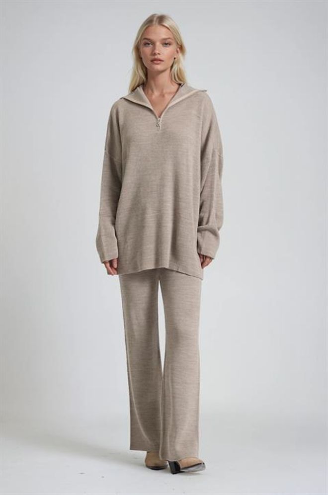 Sobe Istanbul Bej Set Gündelik Zarif Palazzo Fermuarlı Toptan Giyim Bahar