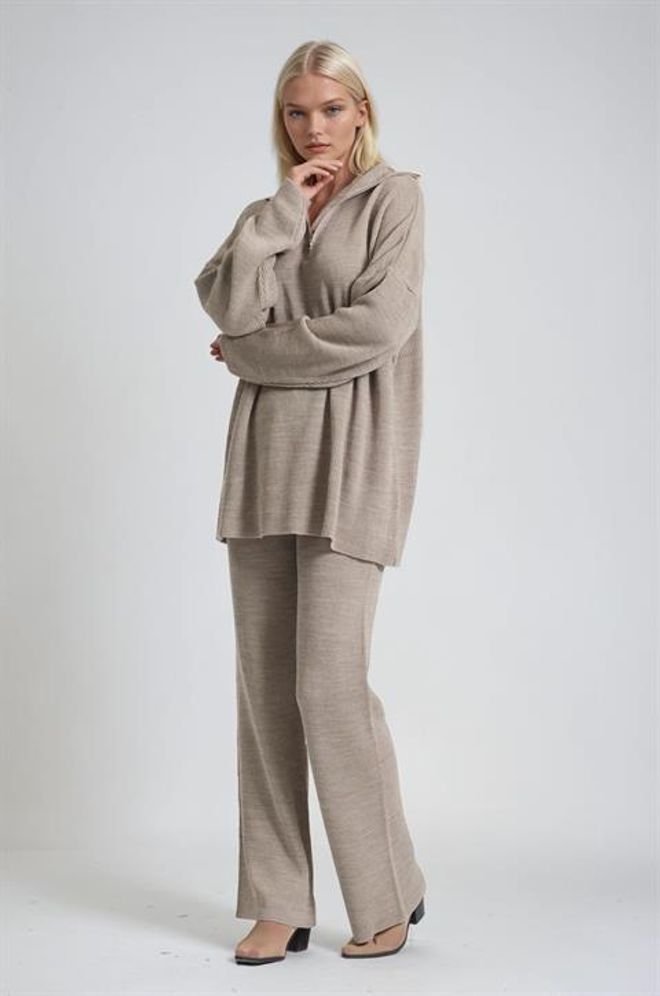 Sobe Istanbul Bej Set Gündelik Zarif Palazzo Fermuarlı Toptan Giyim 1