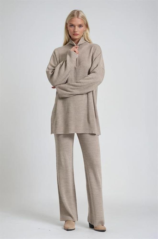 Sobe Istanbul Bej Set Gündelik Zarif Palazzo Fermuarlı Toptan Giyim Gündelik