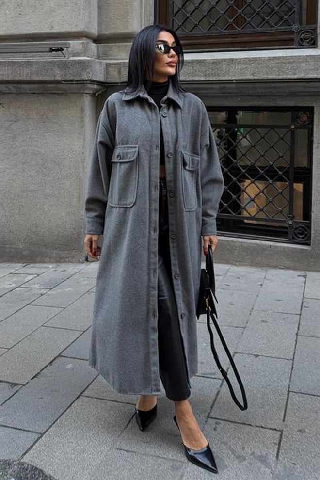 Sobe Istanbul Cappotto Grigio Monopetto Oversize Con Tasche Con Patta Abbigliamento all'ingrosso Casuale