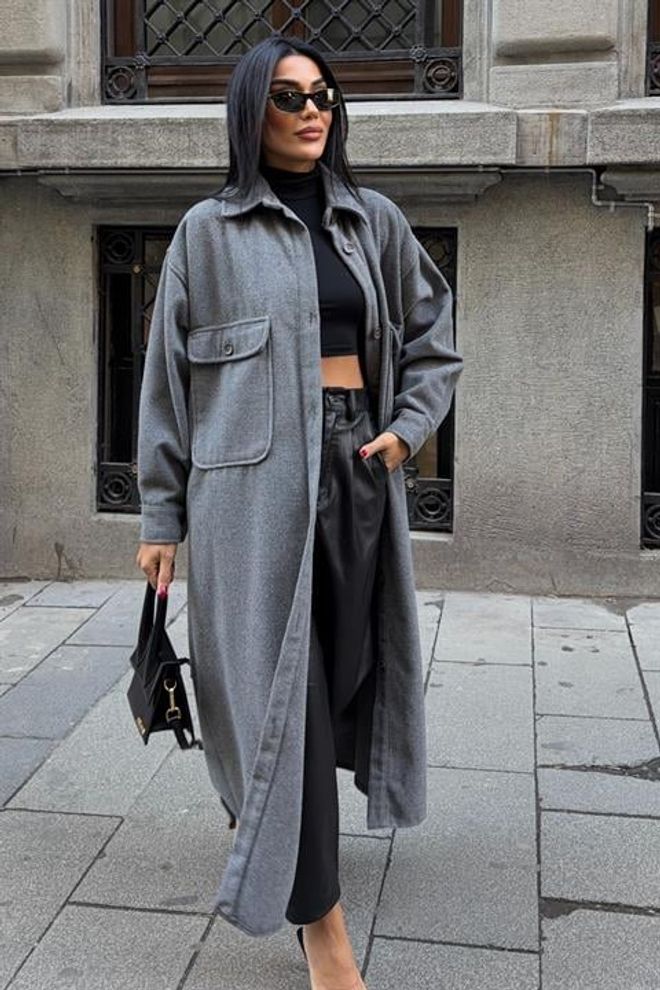 Sobe Istanbul Gri Tek Düğmeli Oversized Kaban Kapaklı Ceplerle Toptan Giyim 1