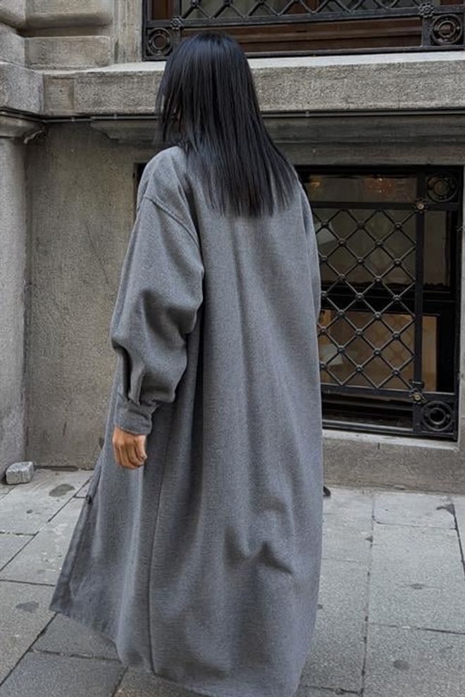 Sobe Istanbul Gri Tek Düğmeli Oversized Kaban Kapaklı Ceplerle Toptan Giyim Resmi