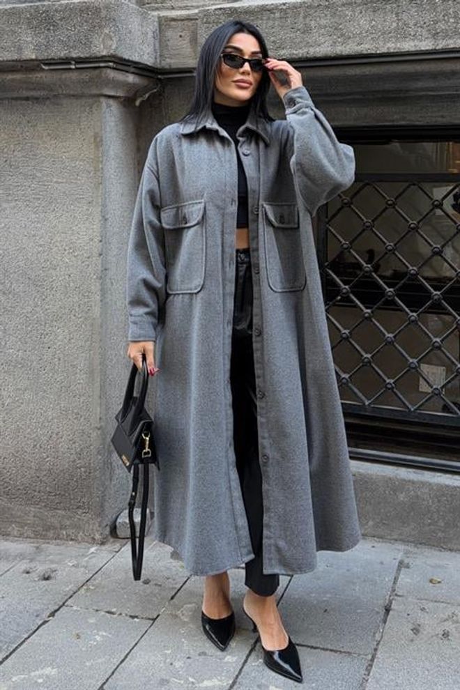 Sobe Istanbul Gri Tek Düğmeli Oversized Kaban Kapaklı Ceplerle Toptan Giyim İş