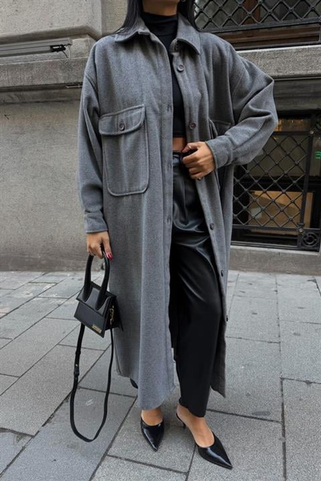 Sobe Istanbul Gri Tek Düğmeli Oversized Kaban Kapaklı Ceplerle Toptan Giyim 5