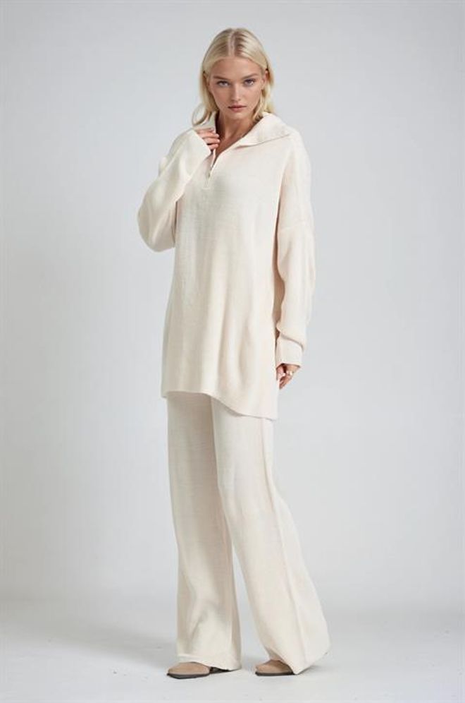 Sobe Istanbul Bej Set Bol Kesim Palazzo Pantolon Ve Kapüşonlu Sweatshirt Toptan Giyim 1