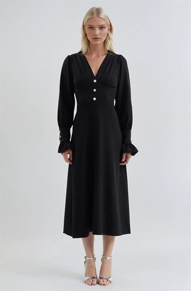 Sobe Istanbul Čierne Elegantné Šaty Fit And Flare Midi Veľkoobchod s oblečením Formálny