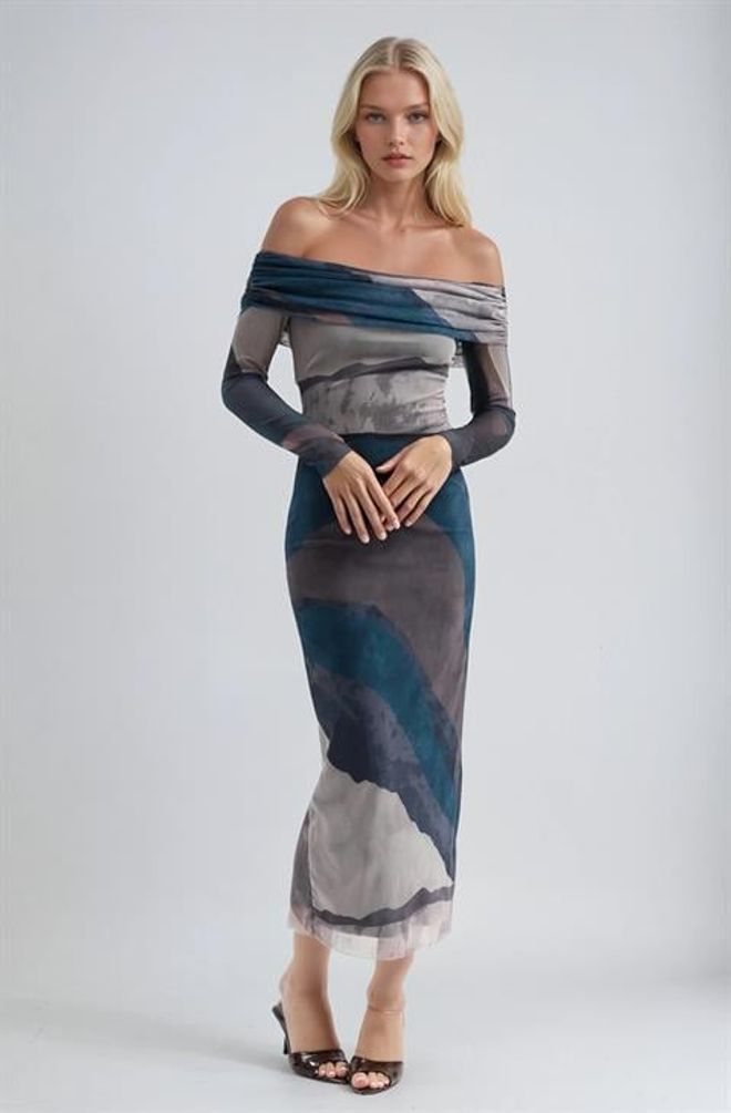 Sobe Istanbul Элегантное Синее Облегающее Платье С Открытыми Плечами Оптовая продажа одежды Сексуальный