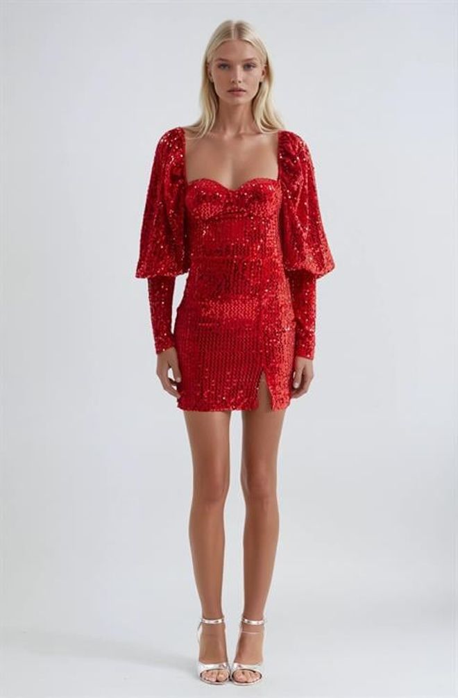 Sobe Istanbul Vestido Bodycon Mini Vermelho Com Lantejoulas E Mangas De Balão Roupas por atacado Sensual