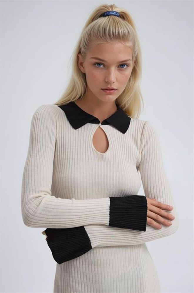 Sobe Istanbul Elegant Beige Sweater Dress With Keyhole Neck Wholesale Clothing Formal