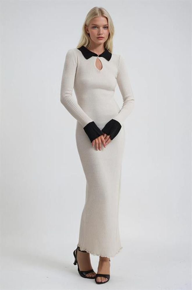 Sobe Istanbul Elegant Beige Sweater Dress With Keyhole Neck Wholesale Clothing 1