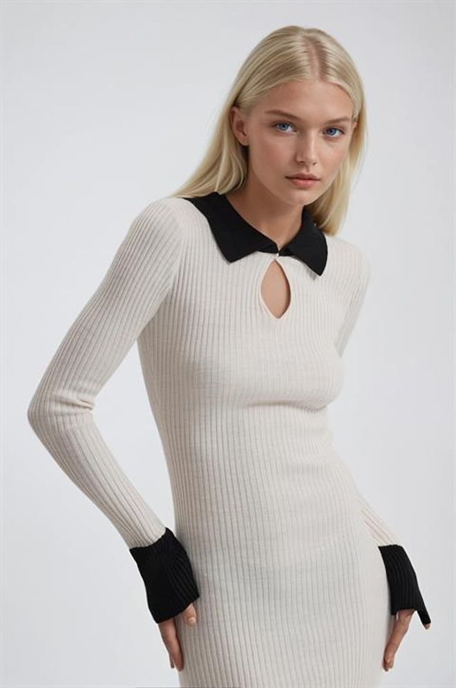 Sobe Istanbul Elegant Beige Sweater Dress With Keyhole Neck Wholesale Clothing Lounge