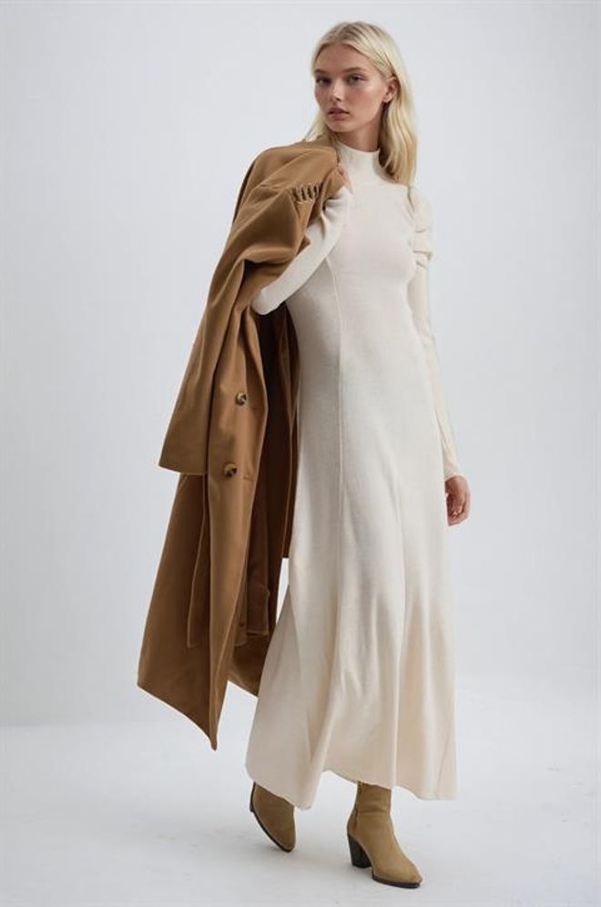 Sobe Istanbul Vestito Beige Elegante Formale In Maglione Con Collo Alto Abbigliamento all'ingrosso Modesto