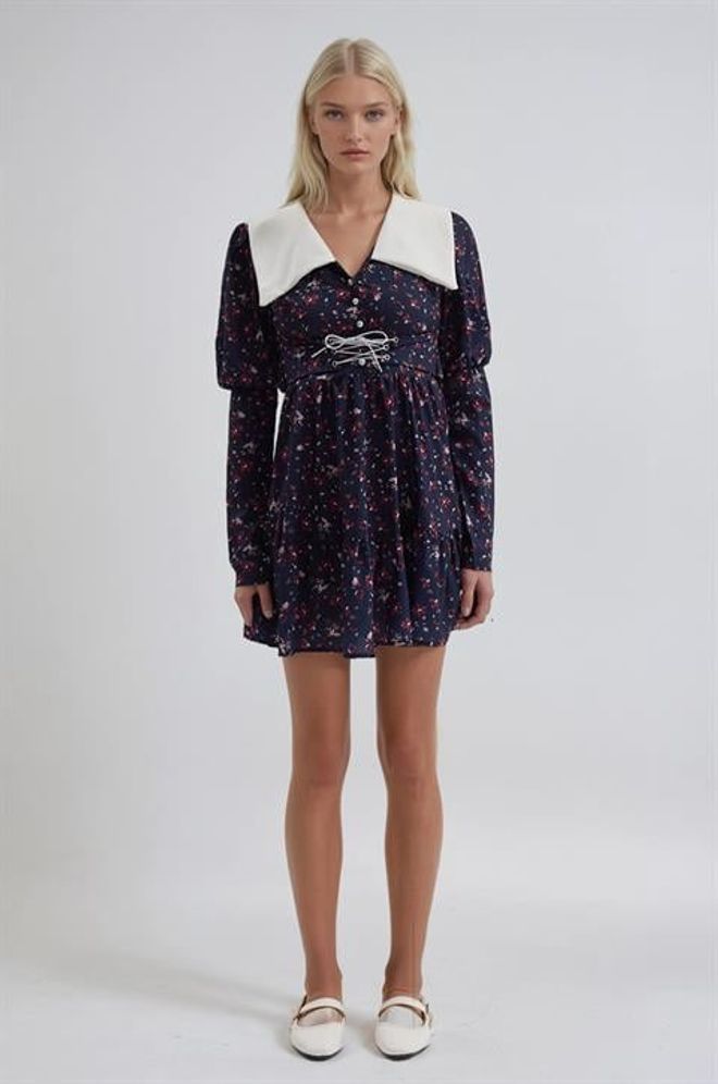 Sobe Istanbul Vestito Mini Blu Navy Fit And Flare Con Maniche Lunghe A Sbuffo Abbigliamento all'ingrosso Casuale